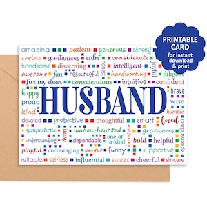 May include: A greeting card with the word "HUSBAND" in large blue letters, surrounded by positive adjectives in various colors. The card is on a kraft paper envelope, with a blue cloud-shaped graphic that says "PRINTABLE CARD for instant download & print."