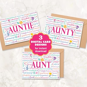Printable word art greeting card set for a special Aunt, Auntie, and Aunty - 3 different designs included