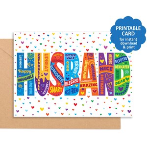 Printable Husband word art collage greeting card - letters highlight qualities that make your husband special, envelope template included