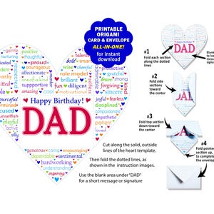 Druckbare HAPPY BIRTHDAY DAD Origami Karte und Umschlag, all-in-one! - Umschlag entfaltet sich und wird zur herzförmigen Karte oder Geschenkanhänger für Papa!