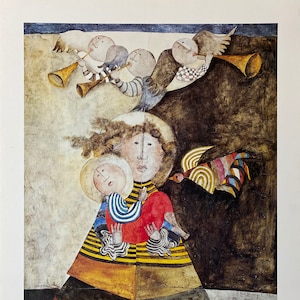 Lithograph Mary & 3 Angels by Graciela Rodo Boulanger - Bird flying from Darkness to Light - Collectible Fine Art