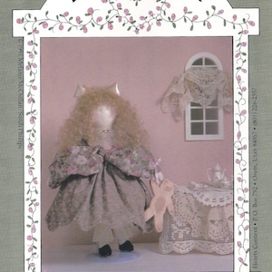16&quot; Sewing Pattern Doll and a 4&quot; x 6&quot; Wood Bear  - &quot;Goldie and Her Bear&quot; - Hearts Content Vintage Pattern Series