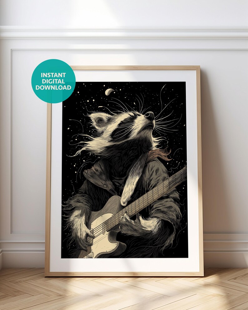Rockstar Racoon Drawing Rockstar Raccoon Poster | Retro Grunge Animal Wall Art | Music Room ...