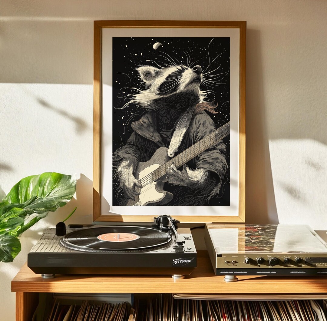 Rockstar Racoon Drawing Rockstar Raccoon Poster | Retro Grunge Animal Wall Art | Music Room ...