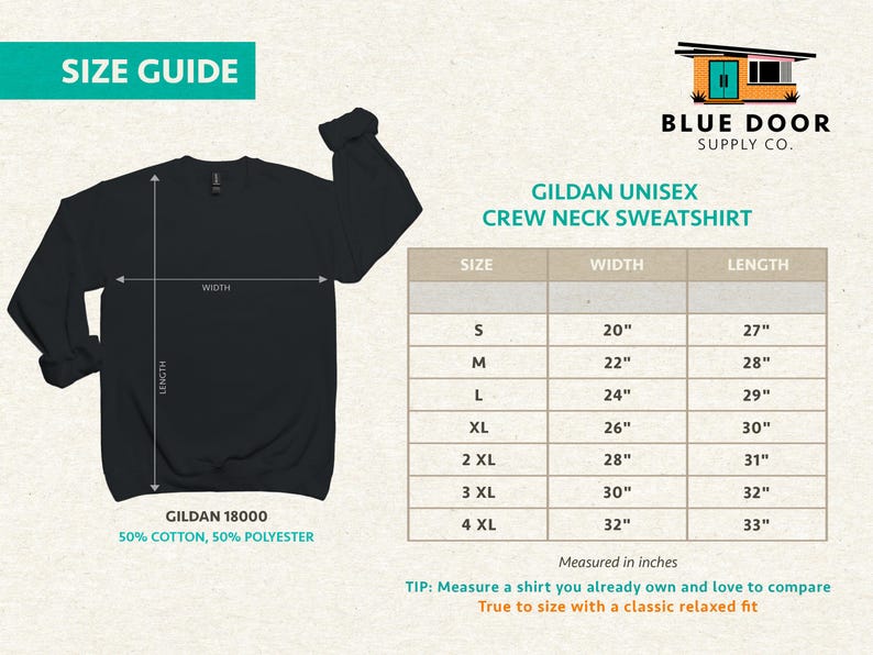 Gildan 18000 unisex crew neck sweatshirt size guide chart showing width and length measurements in inches from Small through 4XL for the Leave Me A Loon sweatshirt
