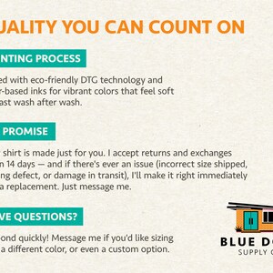 Blue Door Supply Co printing process and quality promise details for the Leave Me A Loon shirt, eco-friendly DTG printing with water-based inks, 14-day returns and exchanges guarantee