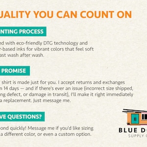 Puede incluir: Un gr&aacute;fico informativo titulado QUALITY YOU CAN COUNT ON con secciones para PRINTING PROCESS, MY PROMISE y HAVE QUESTIONS. Detalla la impresi&oacute;n DTG ecol&oacute;gica, pol&iacute;ticas de devoluci&oacute;n y atenci&oacute;n al cliente, incluyendo el logo de BLUE DOOR SUPPLY CO.