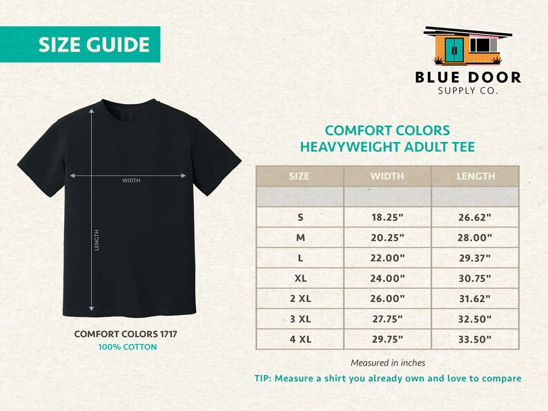 May include: Black t-shirt with a size guide and the text "SIZE GUIDE." The shirt has a size chart with measurements in inches for Comfort Colors Heavyweight Adult Tee. The shirt is 100% cotton.