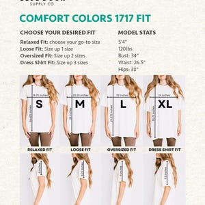 Comfort Colors 1717 fit guide comparing relaxed, loose, oversized, and dress shirt fit on a model across sizes Small through XL for the Leave Me A Loon graphic tee