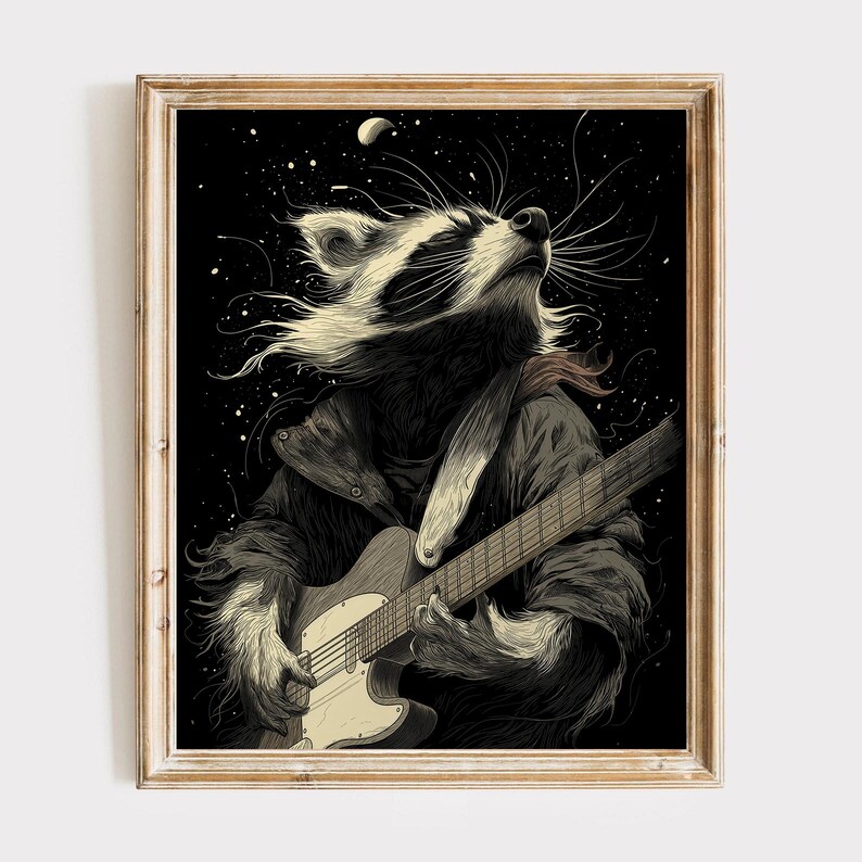 Rockstar Racoon Drawing Rockstar Raccoon Poster | Retro Grunge Animal Wall Art | Music Room ...