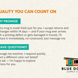 May include: An informational graphic with orange text reading QUALITY YOU CAN COUNT ON, followed by teal headers MY PROMISE and HAVE QUESTIONS? with black text detailing customer service policies and a logo for Blue Door Supply Co.