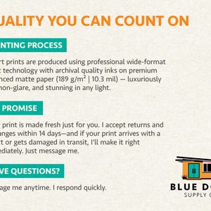 May include: An informational graphic with orange text reading QUALITY YOU CAN COUNT ON. Teal headers label sections: PRINTING PROCESS, MY PROMISE, and HAVE QUESTIONS. Text details archival ink on 189 g/m2 matte paper. A logo shows a brick house with a blue door.