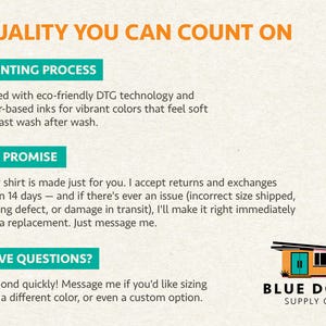 May include: An informational graphic titled QUALITY YOU CAN COUNT ON with sections for PRINTING PROCESS, MY PROMISE, and HAVE QUESTIONS. It details eco-friendly DTG printing, return policies, and customer support, featuring the Blue Door Supply Co. logo.