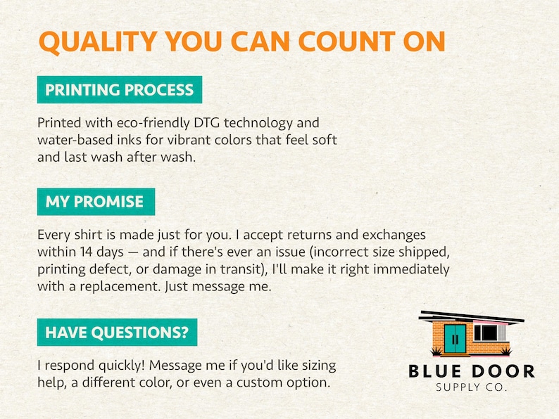 May include: An informational graphic titled QUALITY YOU CAN COUNT ON with sections for PRINTING PROCESS, MY PROMISE, and HAVE QUESTIONS. It details eco-friendly DTG printing, return policies, and customer support, featuring the Blue Door Supply Co. logo.