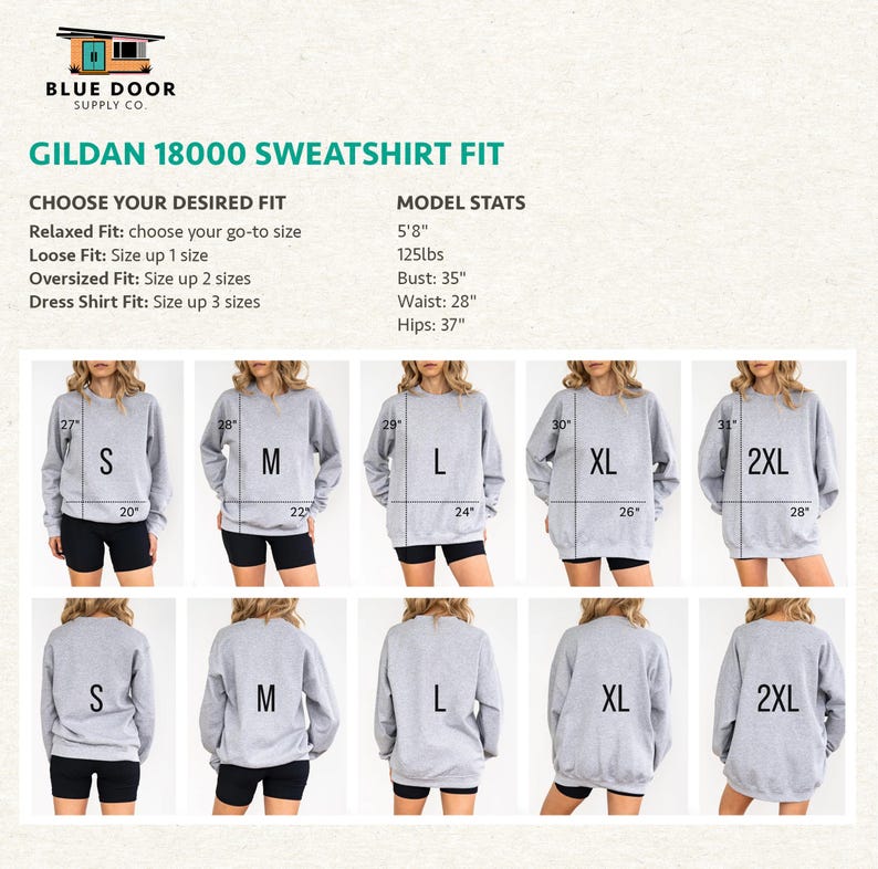 Gildan 18000 sweatshirt fit guide comparing relaxed, loose, and oversized fit on a model across sizes Small through 2XL for the Leave Me A Loon crewneck