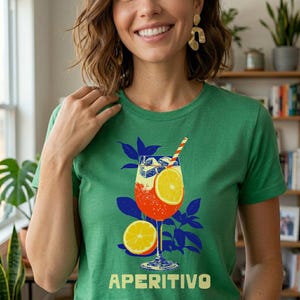 Aperitivo women's fitted Italian summer tee in Irish green — vintage spritz cocktail graphic shirt, semi-fitted silhouette, cocktail lover gift for her