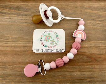 RAINBOW PINK SILICONE Pacifier Clip Metal Paci Clip Pink