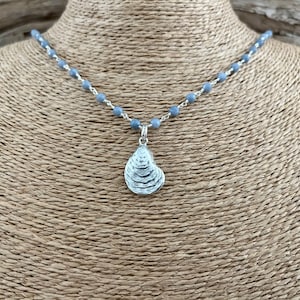 SILVER OYSTER BLUE Necklace / Blue Lace Agate Rosary Chain + Antique Silver Oyster Charm / Beach wedding / Girls Beach Trip /Beach Necklace