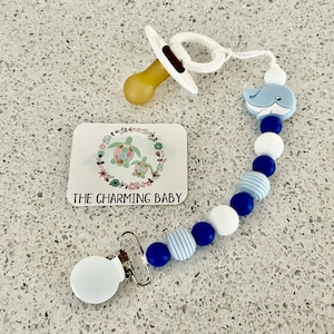 SILICONE WHALE PACIFIER Clip / Silicone Whale + Blue & White Beads / Beach Baby /New Baby Gift / Baby Shower Gift / Ocean Pacifier Clip