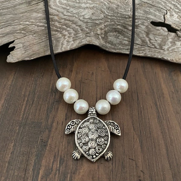Sea Turtle Leather Necklace with Freshwater Pearls and Silver Pendant