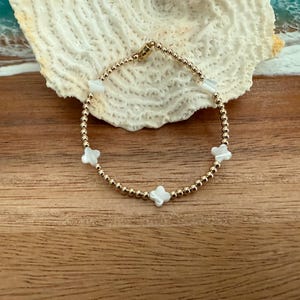GOLD PEARL CROSS Bracelet / 2.5mm Gold Filled Round Beads + Tiny Floating Mother of Pearl Clover Crosses / Stacking Bracelet / Faith /Easter
