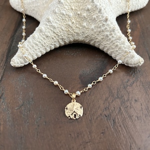 DAINTY SAND DOLLAR Necklace / Gold Filled Sand Dollar + Freshwater Pearl Gold Rosary Chain Necklace / Gemstone necklace /Beach gift