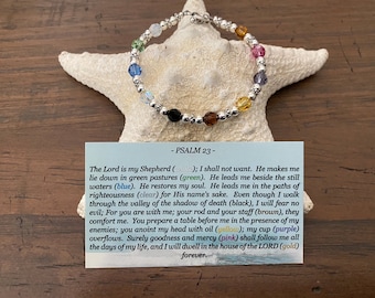 PSALM 23 SWAROVSKI Crystal Bracelet / Swarovski 6mm Round Crystals + Sterling Silver Beads + Sterling Heart Toggle / Faith-Spiritual-Baptism