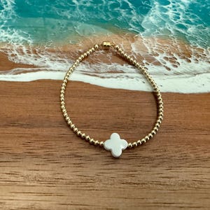 GOLD PEARL CROSS Bracelet / 2.5mm Gold Filled Round Beads + Mother of Pearl Clover Cross / Stacking Bracelet / Faith / Easter / Minimalist