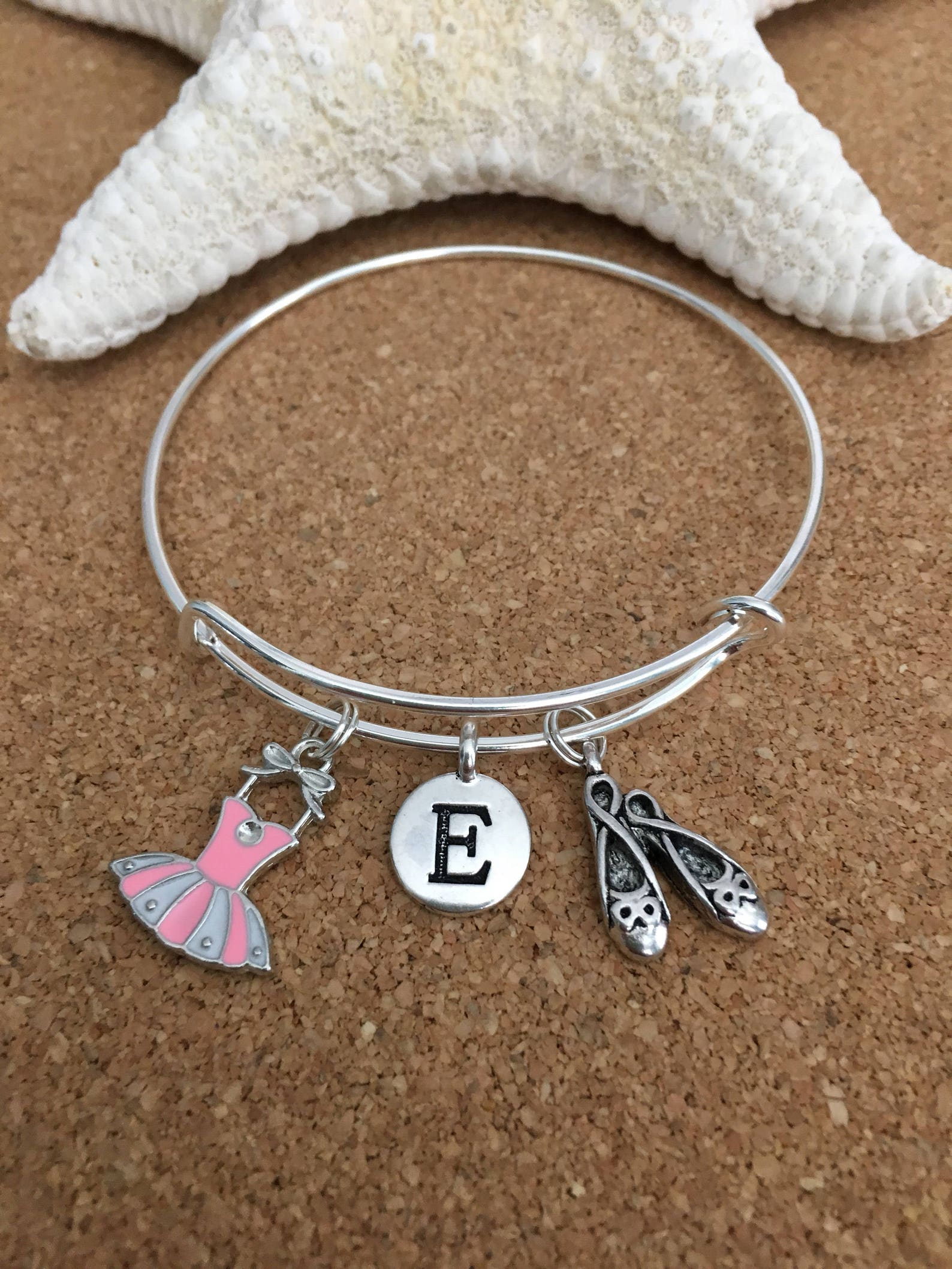 pink ballet charm bracelet, silver-plated bangle, pink enamel ballet dress charm, ballet shoes charm + silver initial + girls or