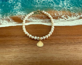 Gold Filled Seashell Bracelet: Freshwater Pearl, Beach Jewelry