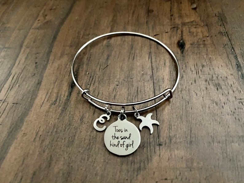 TOES in the SAND kind of GIRL Stainless Initial Charm Stainless Saying Charm Stainless Steel Bracelet Stainless Steel Starfish Charm