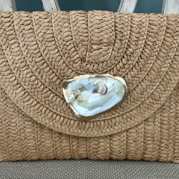 OYSTER STRAW Clutch/Crossbody / Free Shipping / Gold Rim Oyster Shell + Women's Straw Clutch with Detachable Shoulder Strap / Beach Wedding