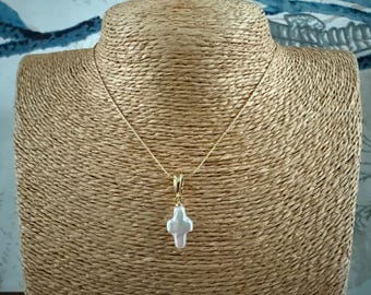 GOLD PEARL CROSS Necklace: 14K Gold Filled Necklace + 14K Gold Filled Freshwater Pearl Cross Pendant, Gold Layering Necklace, Wedding, Faith