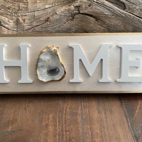 HOME OYSTER DECOR / Oyster Shell on Wood with Wood Letters  / Gold Rim Oyster / Beach Home Decor / Oyster Home Decor / Beach Home Decor