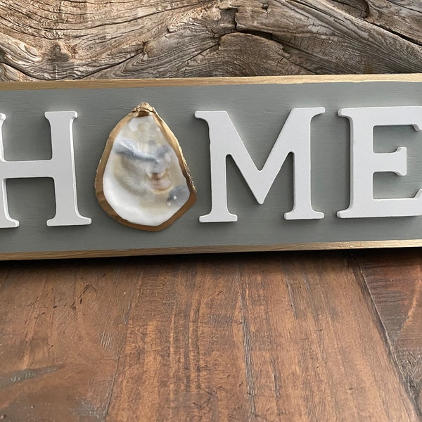 HOME OYSTER DECOR / Oyster Shell on Wood with Wood Letters  / Free Shipping / Beach Decor / Beach Home Sign / Beach Decor / Canvas Sign