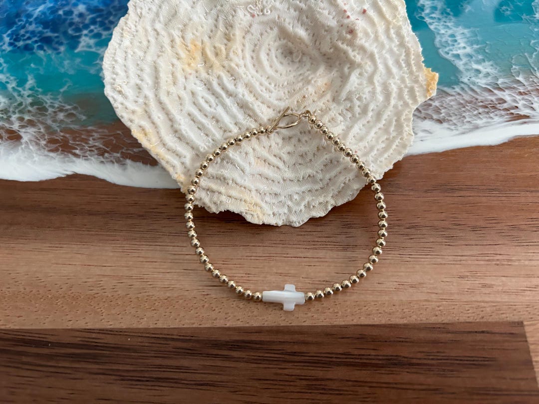 Morganite and Coober Pedy beads 9k gold cross Bracelet