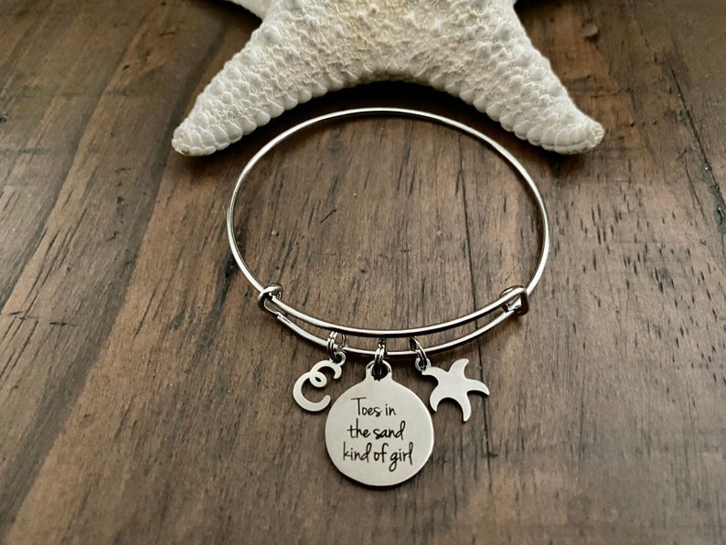TOES in the SAND kind of GIRL Stainless Initial Charm Stainless Saying Charm Stainless Steel Bracelet Stainless Steel Starfish Charm