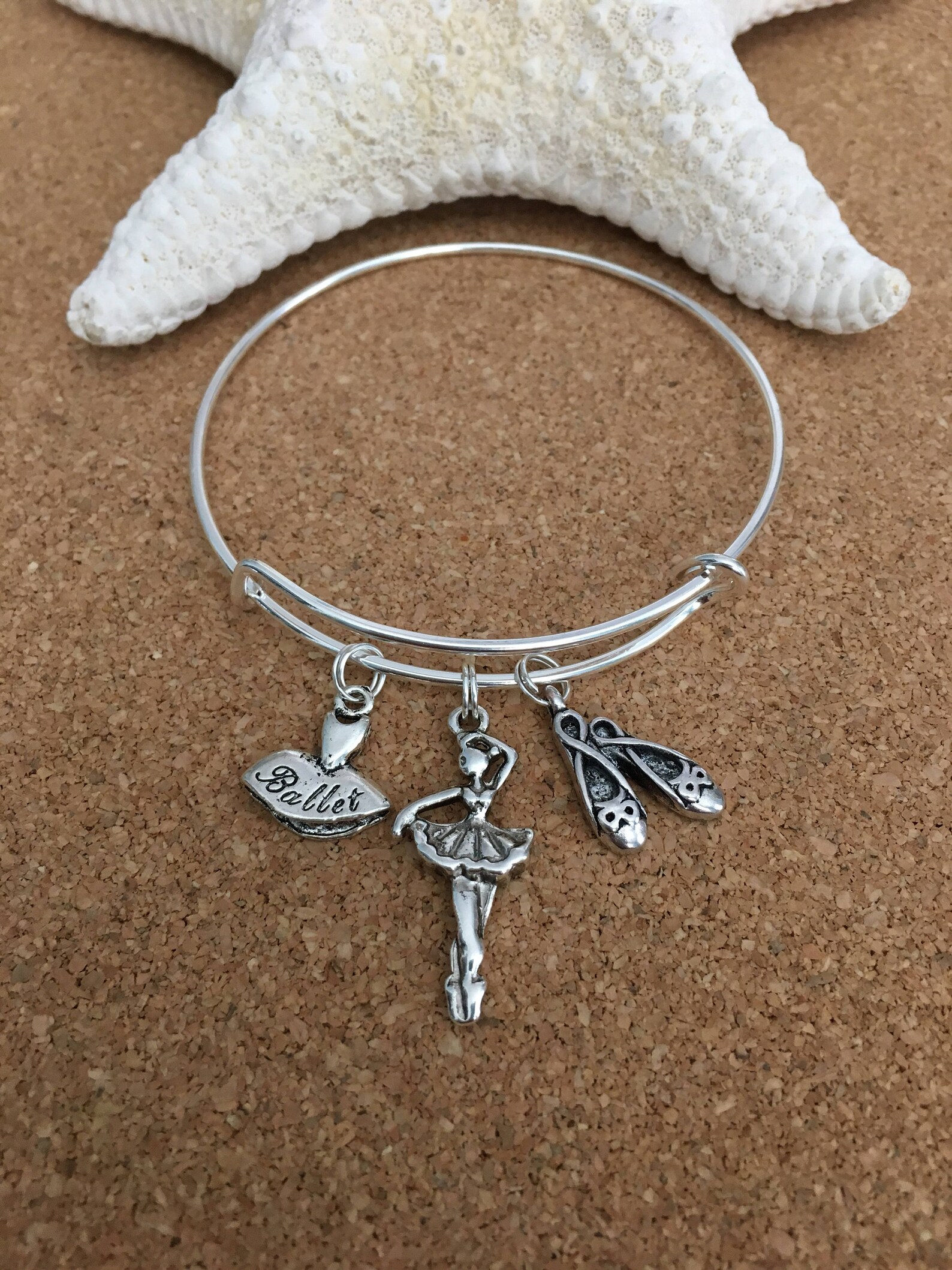 ballet charm bracelet, silver-plated bangle - ballet dress charm, ballerina charm, ballet shoes charm, choose girls or ladies, d