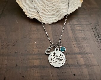 SPIRITUAL Necklace, She is Strong, Proverbs 31:25, Stainless Charm + Stainless Necklace, Script Initial, Birthstone, Proverbs 31 Woman