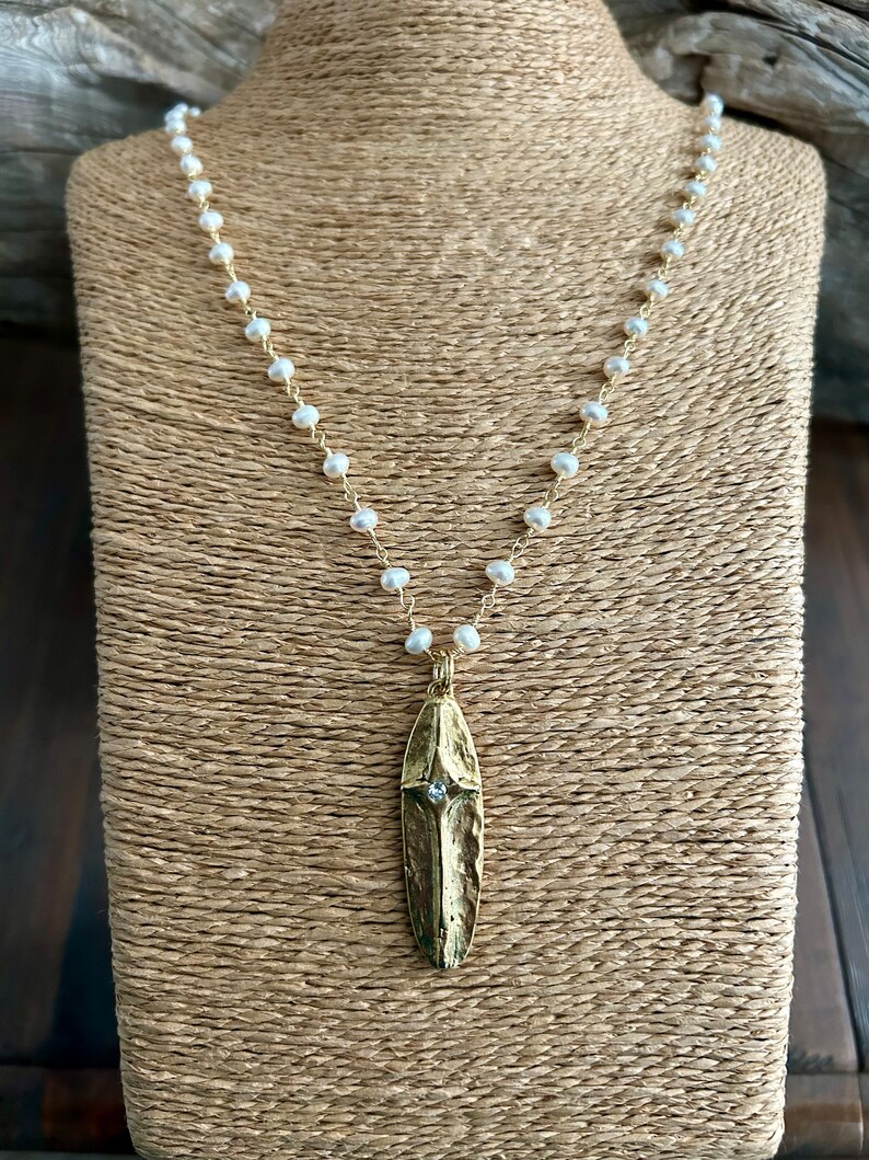 GOLD CROSS Necklace / Freshwater Pearl Gold Chain Antique Gold Cross