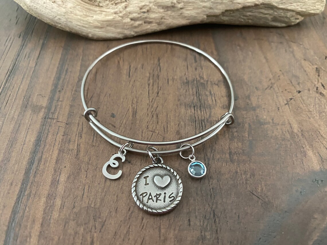 PARIS CHARM BRACELET / Stainless Steel Bangle / Round Etsy