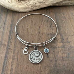NEW YORK CHARM Bracelet / Stainless Steel Bangle / Stainless Steel I &quot;love&quot; New York Charm / Stainless Steel Initial / Swarovski Birthstone