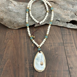 OYSTER NECKLACE / Gold Rim Oyster Shell Pendant + Wood & Sea Glass Necklace  / Coastal Grandma / Beach Wedding / Beach Necklace/ Cruise