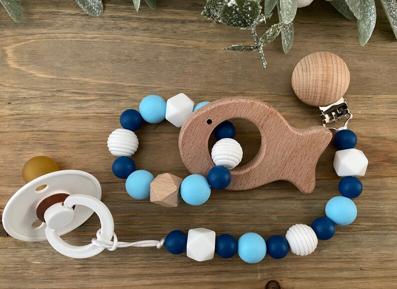FISH BABY RATTLE / Beechwood Fish Bluewhite Silicone Beads Etsy