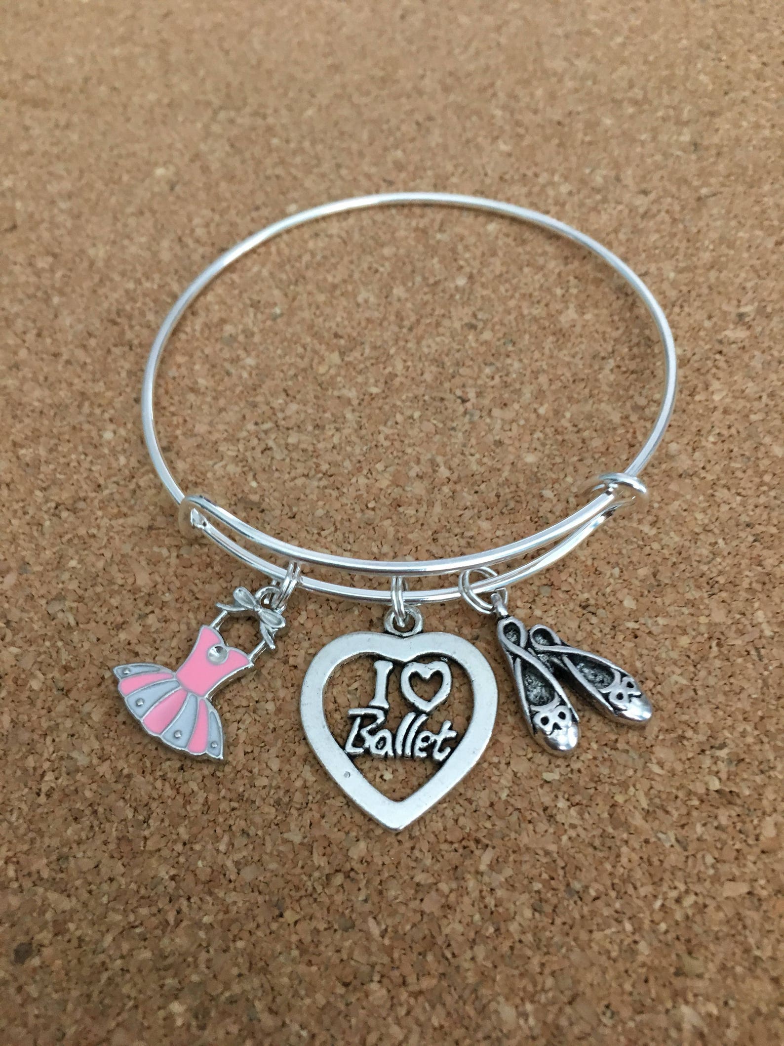 i love ballet charm bracelet, silver-plated bangle, pink enamel ballet dress, i love ballet heart charm, ballet shoes charm, gir