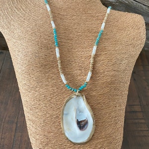 OYSTER NECKLACE / Gold Rim Oyster Pendant + Mother of Pearl + Jade Beads + Aqua Beads + Gold Spacers & Chain / Coastal Vibes / Boho / Beach