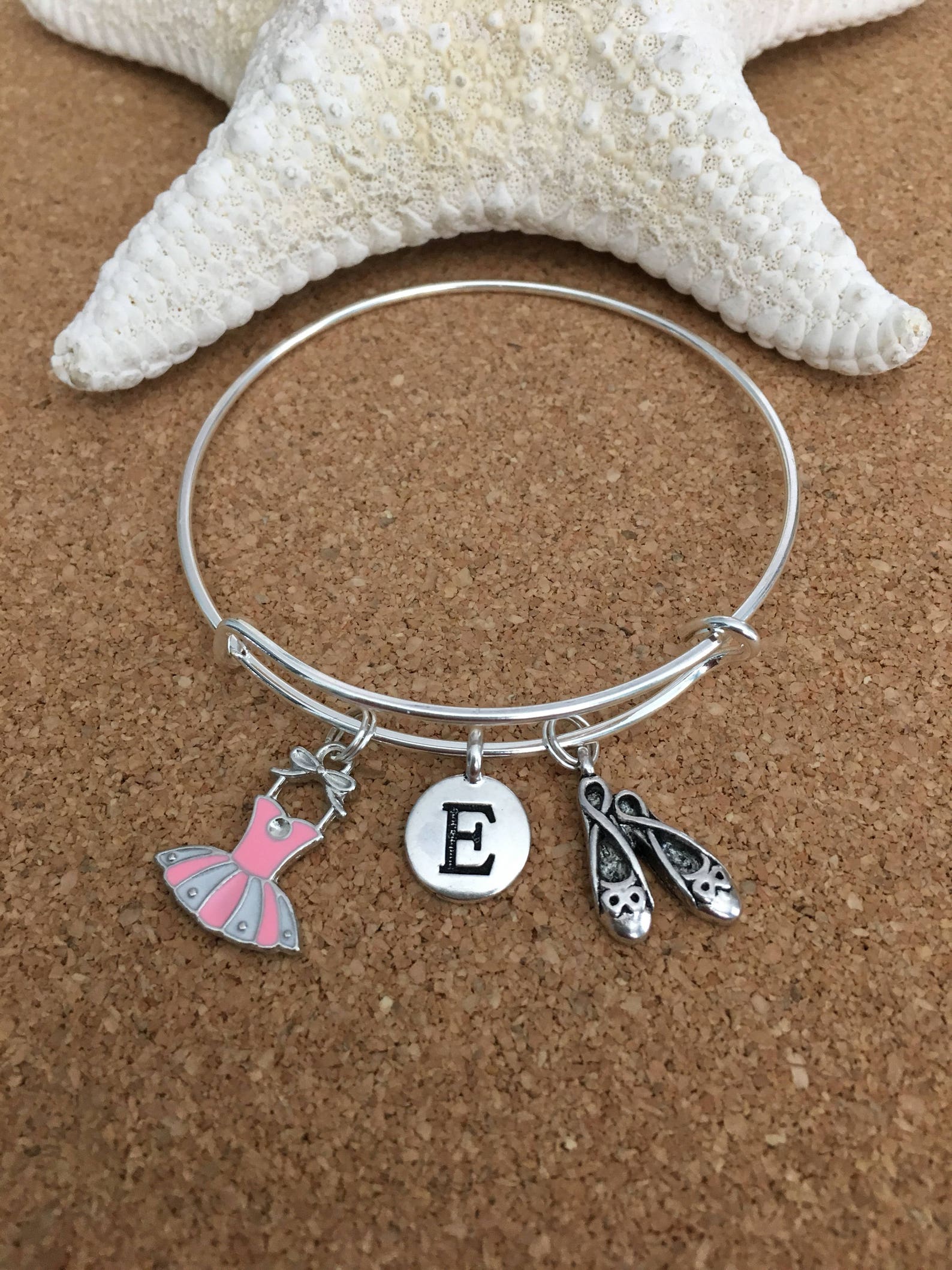 pink ballet charm bracelet, silver-plated bangle, pink enamel ballet dress charm, ballet shoes charm + silver initial + girls or