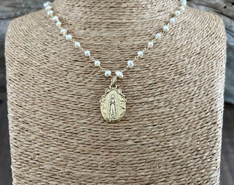 MARY MEDAL Necklace / Free Shipping/ Freshwater Pearl Gold Rosary Chain + Antique Gold Mary Medal / Our Lady of Lourdes /Easter /Mothers Day