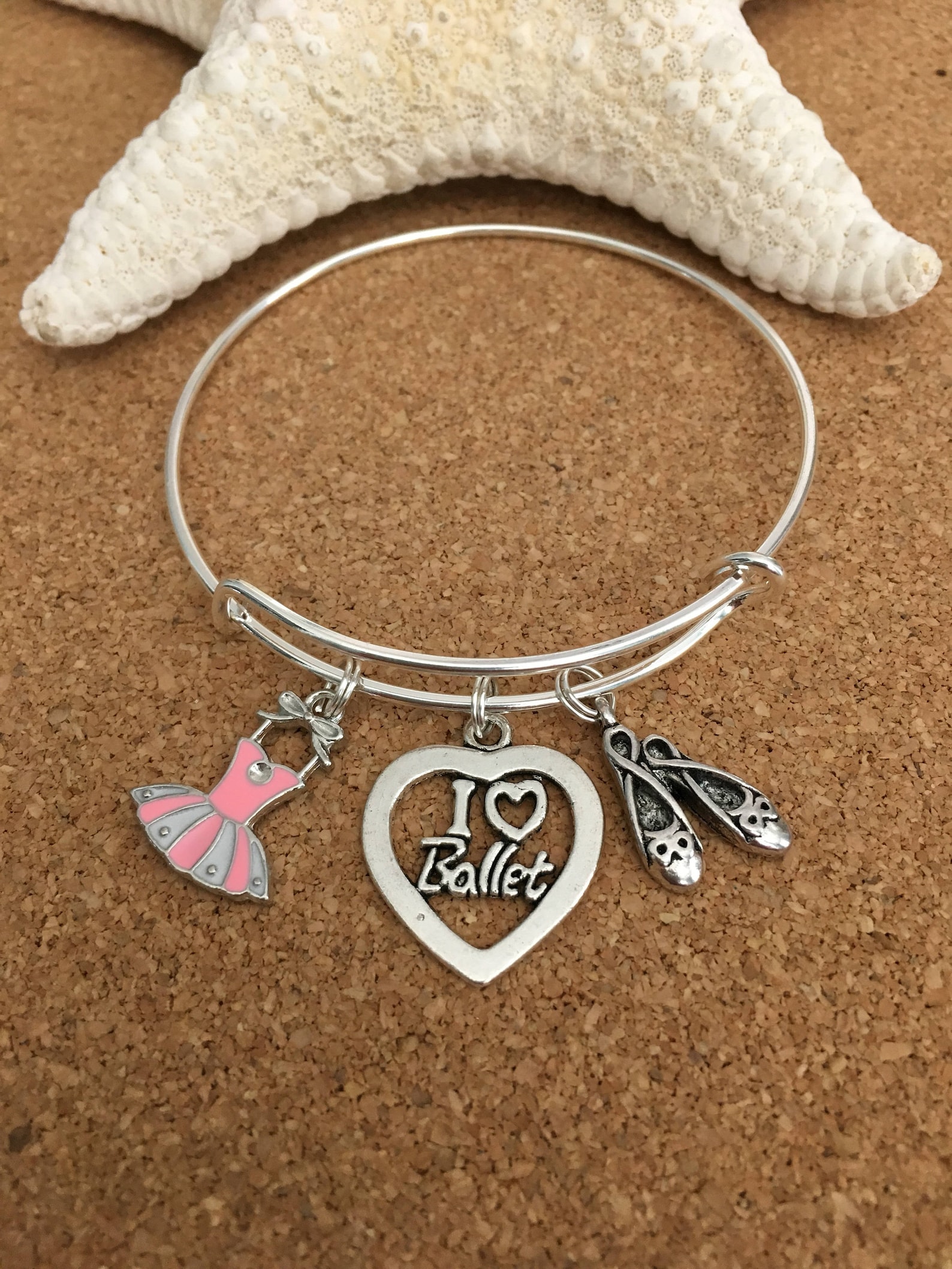 i love ballet charm bracelet, silver-plated bangle, pink enamel ballet dress, i love ballet heart charm, ballet shoes charm, gir