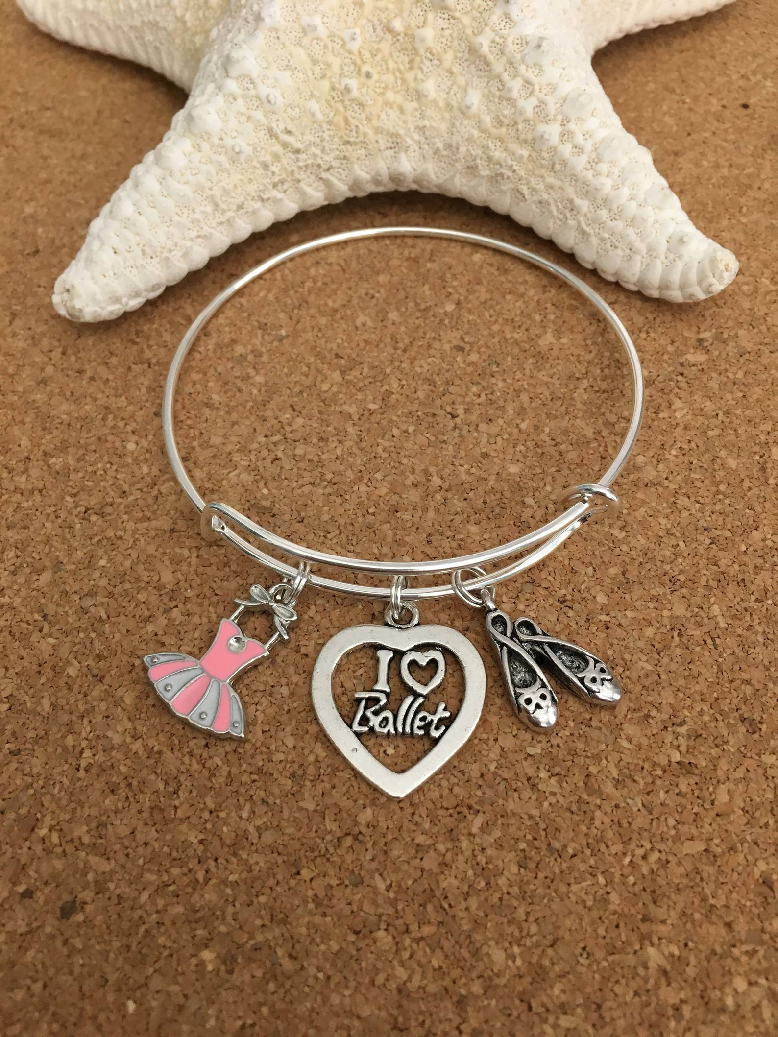 i love ballet charm bracelet, silver-plated bangle, pink enamel ballet dress, i love ballet heart charm, ballet shoes charm, gir